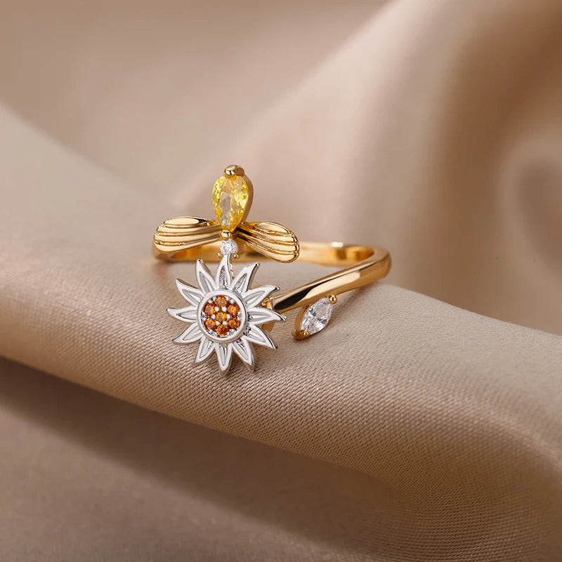 Satinless Steel Spinner Rings Sunflower Sun Star Ring Trendy