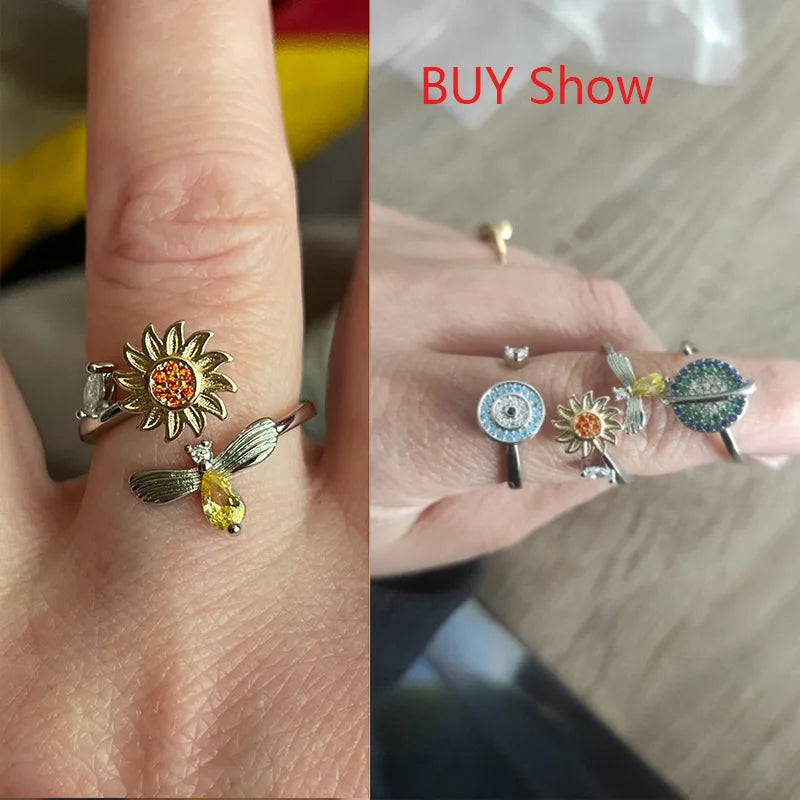Satinless Steel Spinner Rings Sunflower Sun Star Ring Trendy
