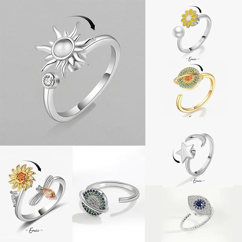 Satinless Steel Spinner Rings Sunflower Sun Star Ring Trendy